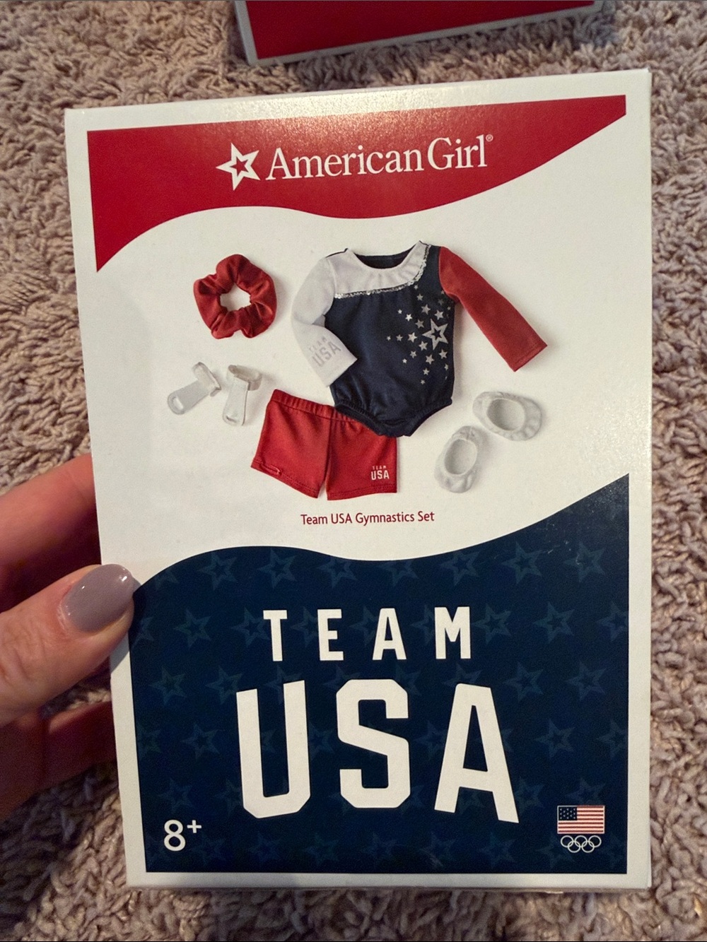 American girl team USA, Olympics, gymnastics, set leotard, shorts, accessories